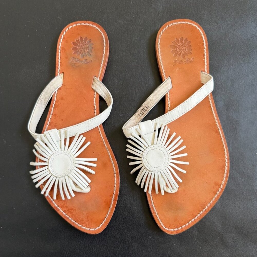 Yellow Box White Leather Sunburst Sandals Size 6.5 Boho Fringe Slide